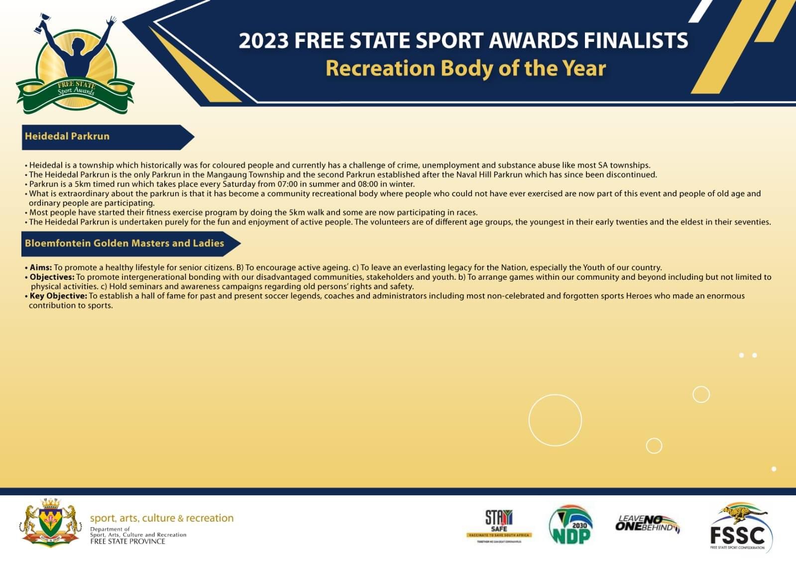 Heidedal parkrun Finalist in the Free State Sport Awards (Recreation