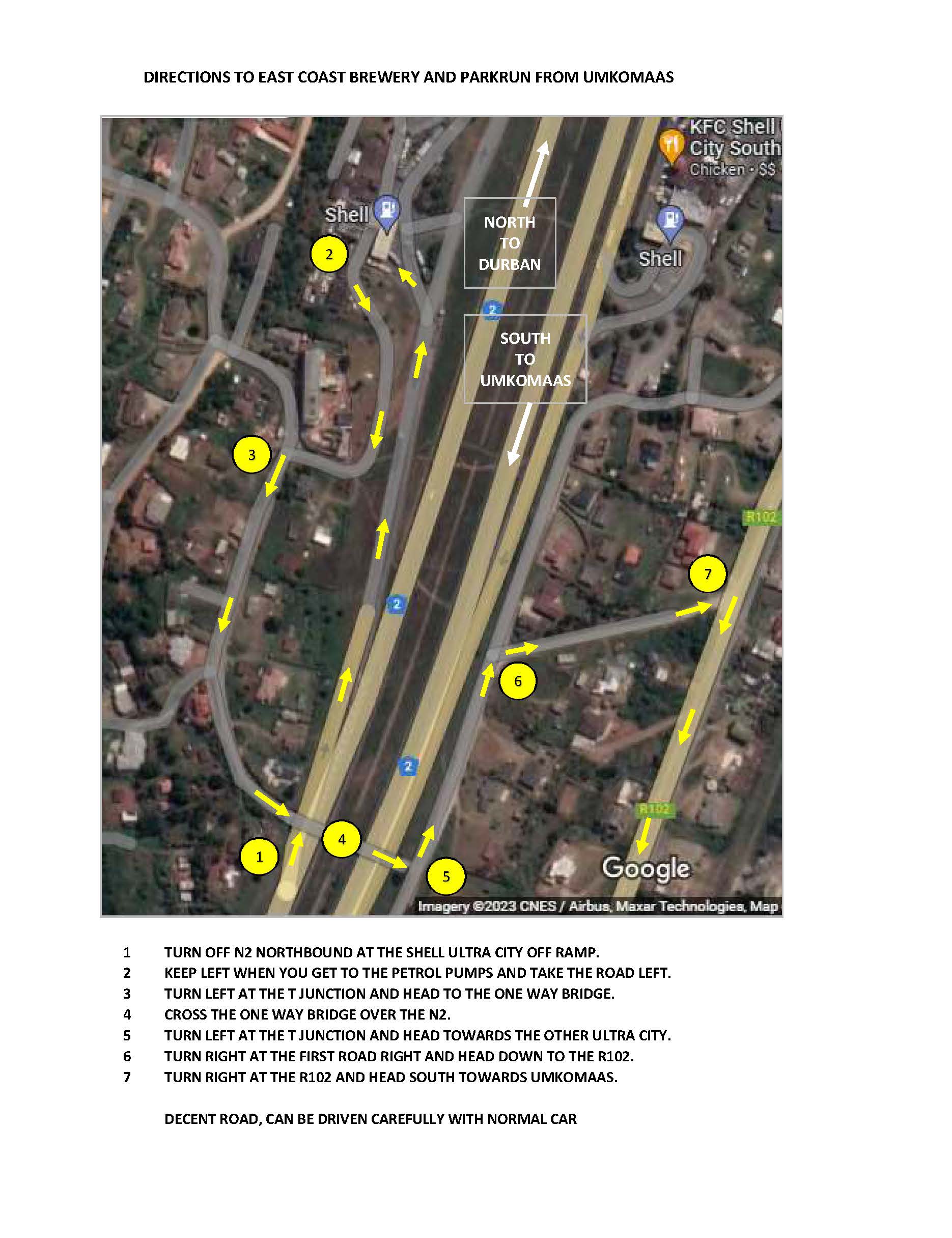 New route directions from Umkomaas East Coast Brewery parkrun